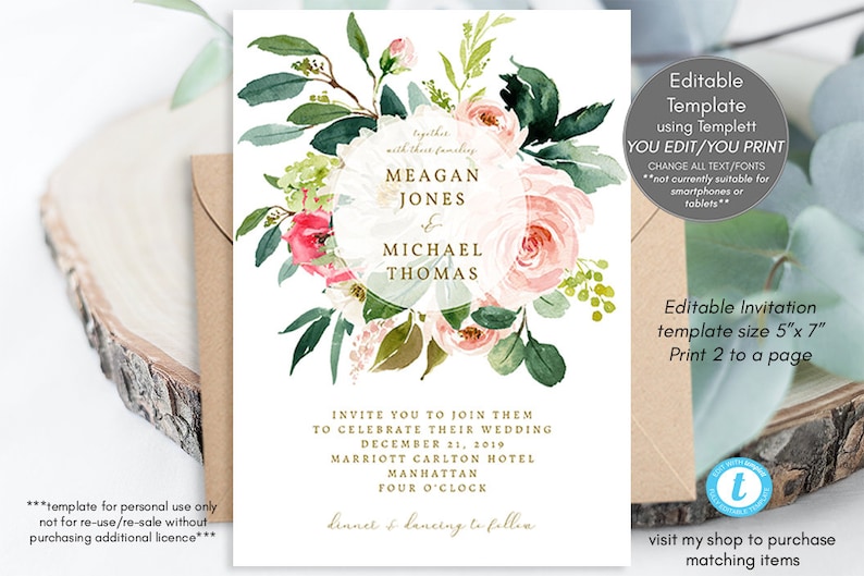 wedding invitation template floral editable pdf editable invitation template blush pink,templett boho floral wedding invitation download