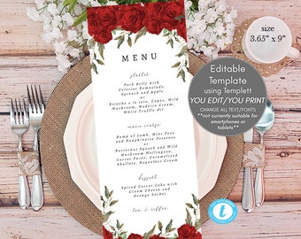 Plantilla de menú de boda con rosas rojas y follaje rústico (9,3 x 23 cm) (Descarga digital)