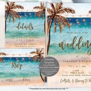 Editable beach wedding invitation set, beach wedding invitation template set, tropical wedding invitation printables, you edit, Templett image 3