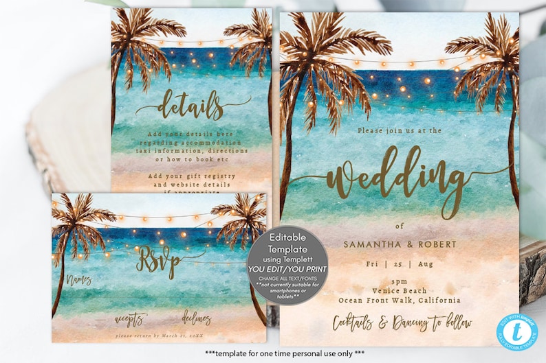 Editable beach wedding invitation set, beach wedding invitation template set, tropical wedding invitation printables, you edit, Templett image 3