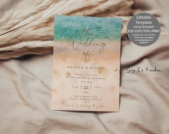 May include: A 5 by 7 inch wedding invitation card featuring a watercolor gradient background transitioning from teal to peach. The text reads: the Wedding of MEAGAN & MICHAEL, Please join us at the wedding ceremony, Saturday, Aug 22 20XX, 4pm, Bahia Beach Club, Puerta Vallarta, Mexico, dinner & dancing to follow.