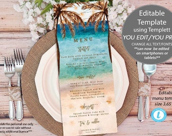 beach wedding menu printable, beach wedding menu editable template, editable beach menu, Templett, 3.65"x9", you edit, menu printable