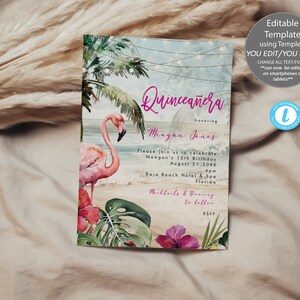 Beach quinceanera invitation editable template, editable flamingo quinceanera invitation template, beach invitation printable, 5x7, Templett