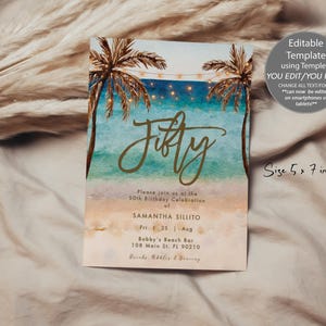 May include: A 5 by 7 inch rectangular invitation card featuring a watercolor beach scene with two palm trees, string lights, and the word Fifty in gold script. The text includes details for a 50th birthday celebration for Samantha Sillito.