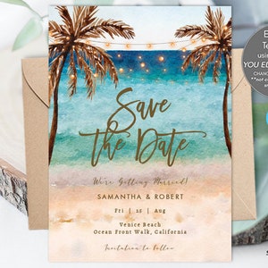 tropischer Strand Save the Date druckbare, bearbeitbare Strand Save the Date, Strand Save the Date Vorlage bearbeitbar, 5 x 7, Sie bearbeiten, Templett