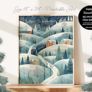 Winter wonderland christmas art digital download, winter scene art printable, winter art, printable holiday wall decor, 18 x 24, you print