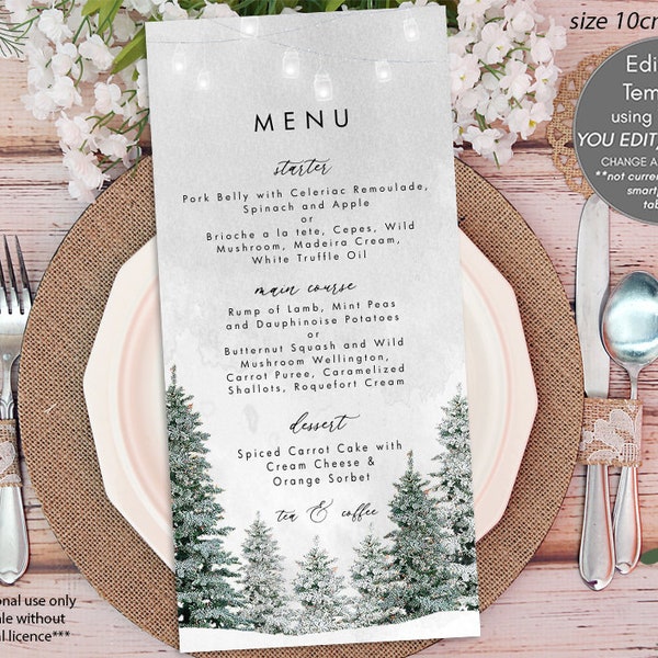 winter trees wedding menu editable template, printable winter menu, wedding menu template, christmas holiday menu, 10cm x 21cm, templett