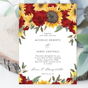 Invitación de boda con rosas rojas y girasoles, invitación de boda imprimible, plantilla editable de invitación de boda floral, templett, 5x7