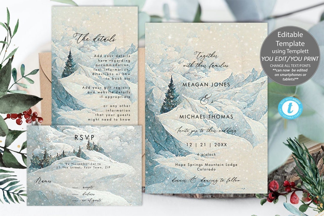 Winter Snow Wedding Invitation Set Editable Templates, Christmas ...