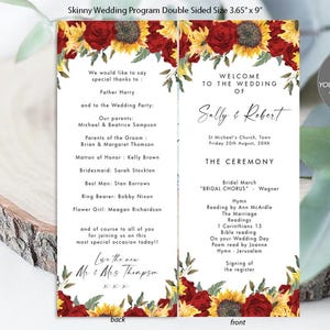 Può includere: Modello di programma di nozze fronte-retro con un design floreale di girasoli e rose rosse. Il lato anteriore presenta il testo "Benvenuti al matrimonio di Sally & Robert" e i dettagli della cerimonia. Il lato posteriore include il testo "Vorremmo ringraziare in modo speciale il padre Harry e la festa di nozze" e un elenco dei membri della festa di nozze.