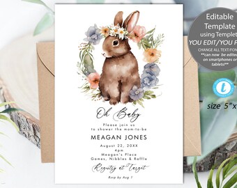spring bunny baby shower invitation template, bunny rabbit baby shower invitation, printable spring floral baby shower invitation, templett