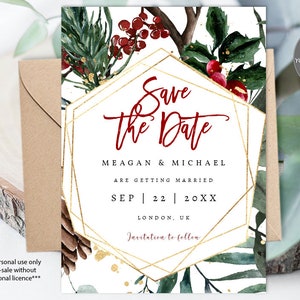 Puede incluir: Tarjeta de Save the Date con un marco geom&eacute;trico dorado y vegetaci&oacute;n acuarela, bayas rojas y detalles dorados. El texto dice "Save the Date" en letra roja cursiva, seguido de "Meagan & Michael se casan" en negro, "Sep | 22 | 20XX" en negro y "Londres, Reino Unido" en negro. El texto "Invitaci&oacute;n a seguir" est&aacute; en la parte inferior de la tarjeta.