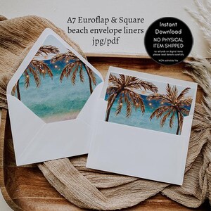 Puede incluir: Dos sobres blancos con una escena de playa impresa en el interior. La escena presenta palmeras, un océano azul y luces de cadena. El texto "A7 Euroflap & Square beach envelope liners jpg/pdf Instant Download NO PHYSICAL ITEM SHIPPED" está impreso en la imagen.