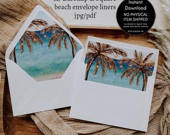 Plantilla para forro de sobre con diseño de playa tropical, A7 con solapa europea y forma cuadrada (descarga digital)