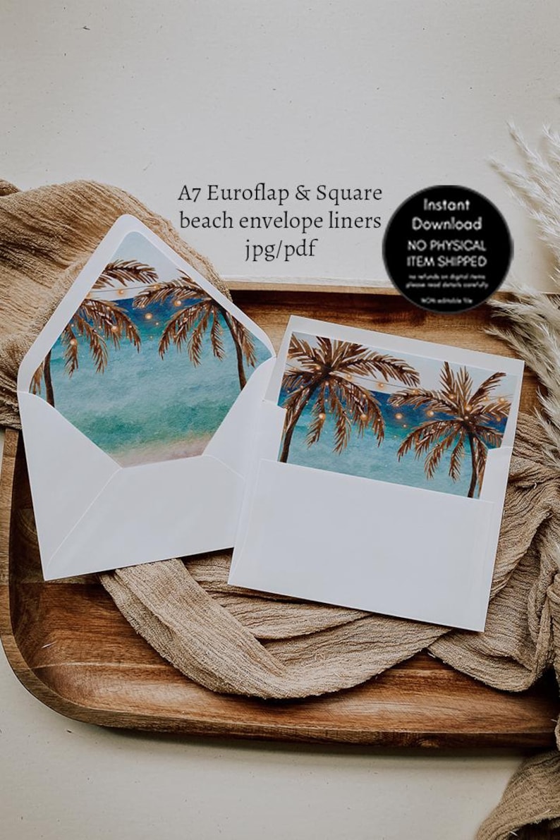 May include: Two white envelopes featuring A7 Euroflap and square designs with interior liners displaying a watercolor beach scene with palm trees and string lights. Text reads: A7 Euroflap & Square beach envelope liners jpg/pdf and Instant Download.