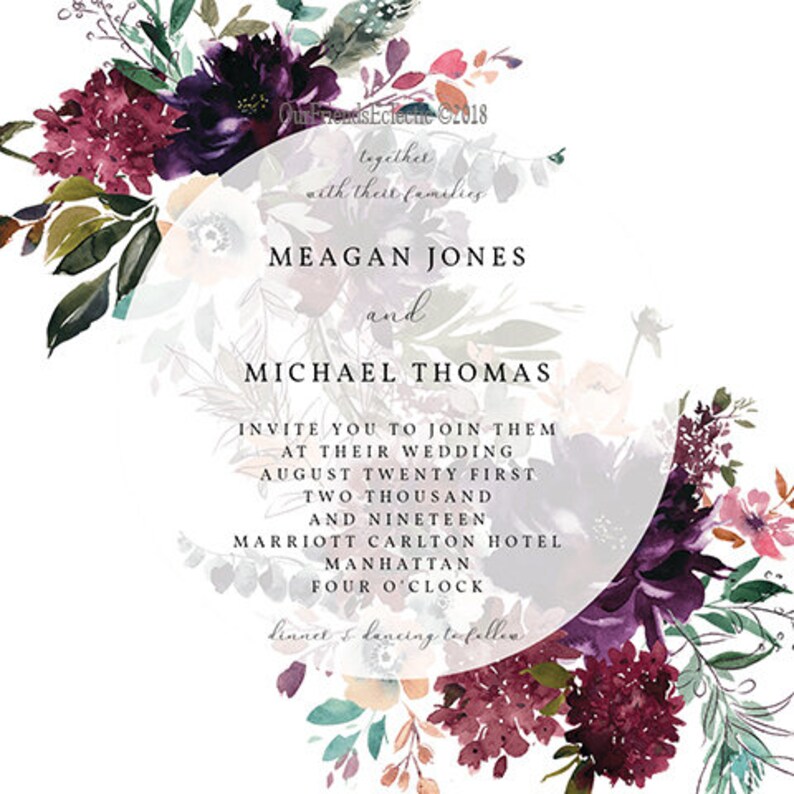 Plum Floral Wedding Invitation Template Editable Wedding - Etsy