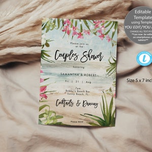 beach flowers couples shower invitation template, beach engagement party template, tropical beach couples shower invitation, templett, 5x7