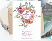 boho baby shower invitation template, wildflower baby shower invitation printable, templett, baby shower printables, floral,rustic,editable