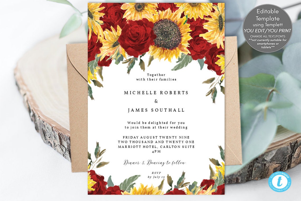 Red Roses and Sunflowers Wedding Invitation Printable Wedding Etsy