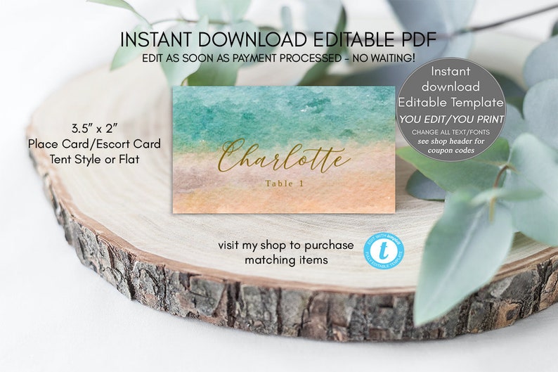 Beach Editable Place Cards Editable Name Card Template - Etsy UK