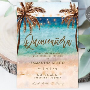Beach quinceanera invitation editable template, editable beach quinceanera invitation template, beach invitation printable, 5x7, Templett