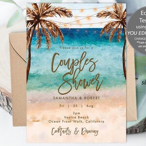Beach couples shower invitation template, summer couples shower editable template, tropical couples shower invitation printable, templett
