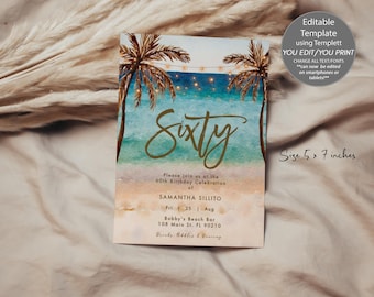 Tropical Beach 60th Birthday Invitation, Editable Template (5x7)