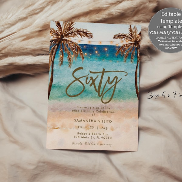 Tropical Beach 60th Birthday Invitation, Editable Template (5x7)