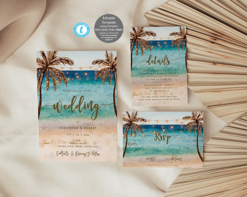 Editable beach wedding invitation set, beach wedding invitation template set, tropical wedding invitation printables, you edit, Templett image 1