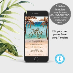 tropical beach 50th birthday evite template, editable beach digital invitation, Fiftieth birthday beach template, Templett, you edit,