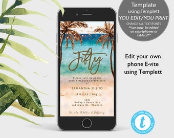 Editable Tropical Beach 50th Birthday Invitation Template (Digital File),beach evite