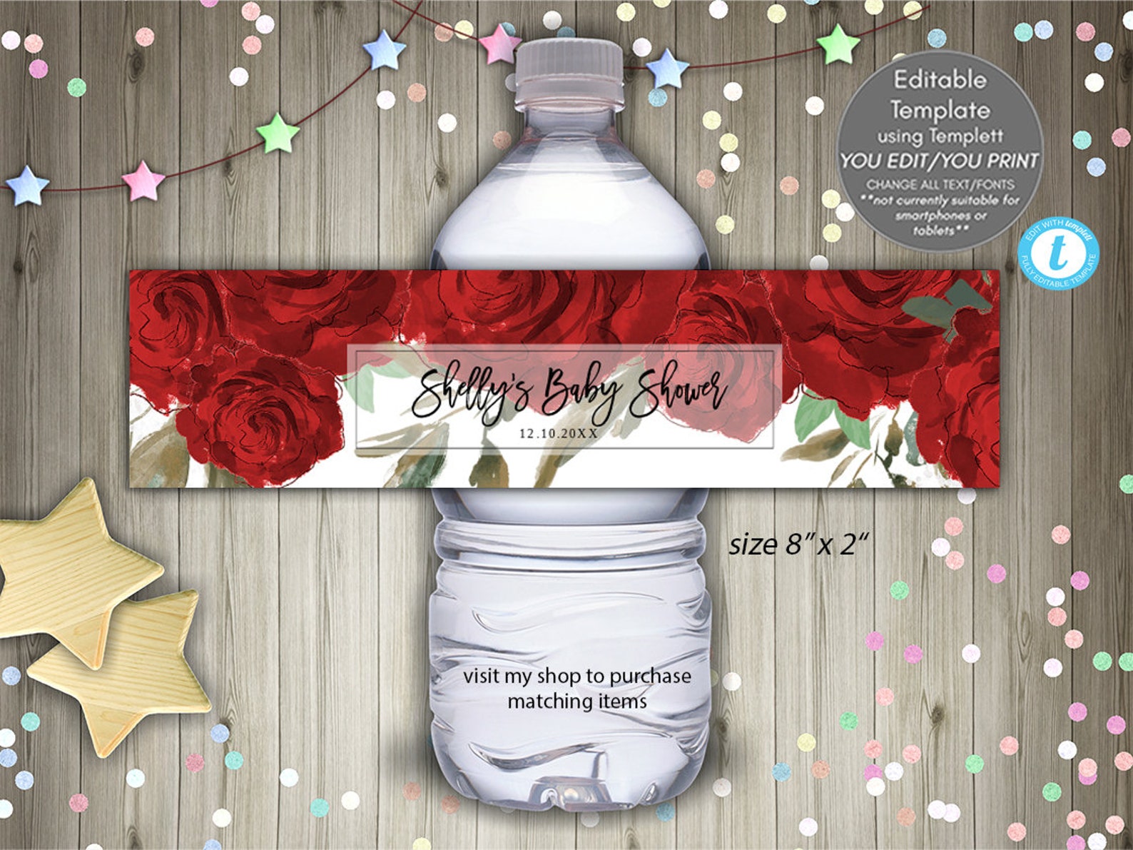 Red Roses Water Bottle Editable Template Red Roses Bridal Etsy