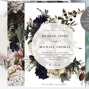 botanical winter wedding invitation template, winter floral wedding invitation printable, christmas invitation template, templett, 5x7