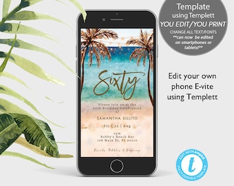 Tropical Beach 60th Birthday Invitation, Editable Digital Evite (Templett)
