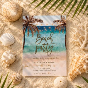 May include: A rectangular invitation card featuring a watercolor illustration of a beach with palm trees, string lights, and the ocean. The text reads Beach party, Please join us for some summer fun in the sun!, SAMANTHA & ROBERT, Fri | 25 | Aug, Venice Beach, Ocean Front Walk, California, Cocktails, Nibbles & Dancing.