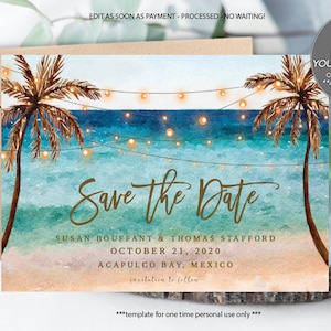 tropical beach save the date printable, editable beach Save the Date, tropical save the date, destination wedding, 7 x 5, Templett, you edit
