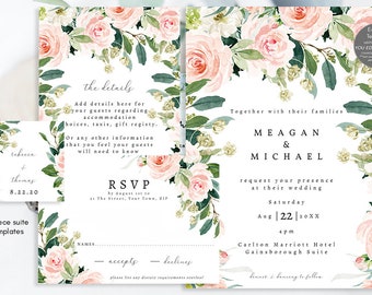 pink blush floral wedding invitation suite printable, boho wedding invitation set, editable wedding invitation template set,templett,4 piece