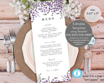 modelo editável de menu lavanda, modelo de menu de casamento para impressão, menu de casamento rústico, floral lavanda, Templett, você imprime e edita, 3,65x9