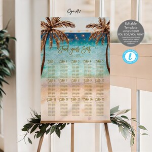 Op de afbeelding: Een rechthoekig bord voor een bruiloftstafelindeling met een strandscène, twee palmbomen, lichtsnoeren en oceaangolven. De tekst luidt Find your Seat, 12.5.2025, Nancy & Michael, en toont tafels 1 tot 15 met plaatsaanduidingen voor gasten.