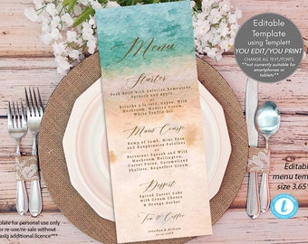 beach wedding menu printable, beach wedding menu template, editable beach menu, Templett, 3.65"x9", you edit, beach wedding printable