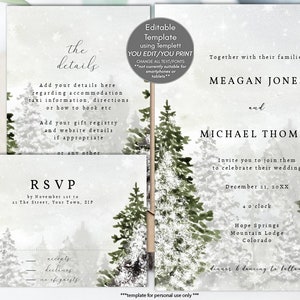 winter wedding invitation set editable templates, christmas wedding invitation printables, rustic christmas invitation template, templett image 1