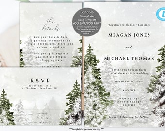 Plantillas editables para invitaciones de boda de invierno, plantillas imprimibles para invitaciones de boda navideñas, plantilla rústica para invitaciones navideñas, templett