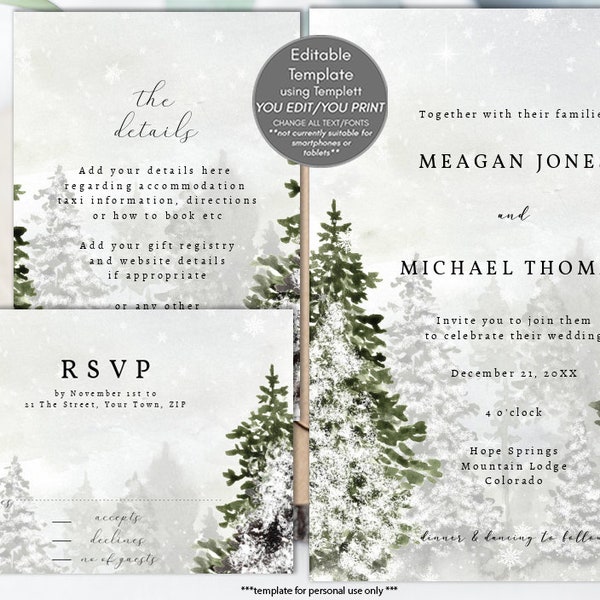 winter wedding invitation set editable templates, christmas wedding invitation printables, rustic christmas invitation template, templett