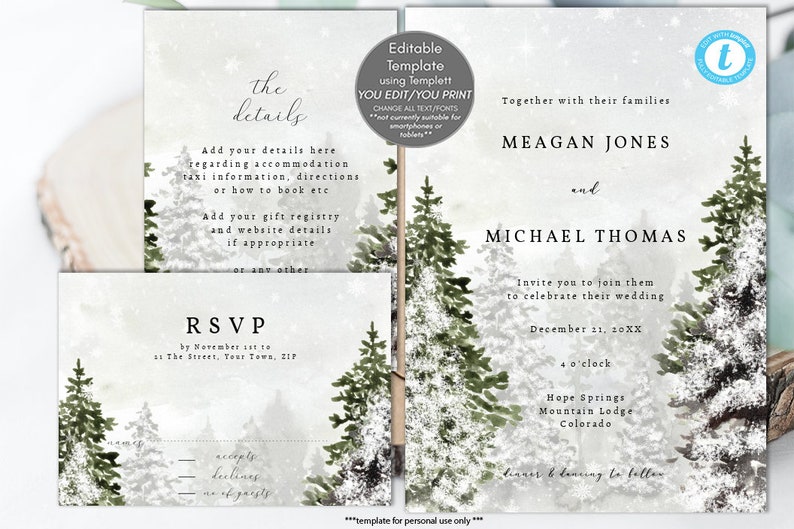 winter wedding invitation set editable templates, christmas wedding invitation printables, rustic christmas invitation template, templett image 1