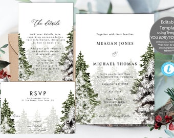 conjunto de invitaciones de boda de invierno plantillas editables, imprimibles de invitación de boda de navidad, plantilla de invitación de navidad rústica, templet