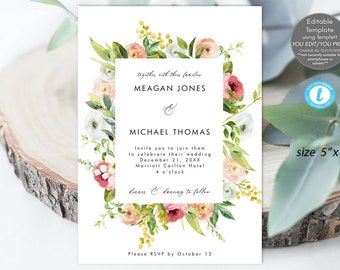 Blush Florals Wedding Invitation Template, Spring Greenery (5x7) (Digital Download)