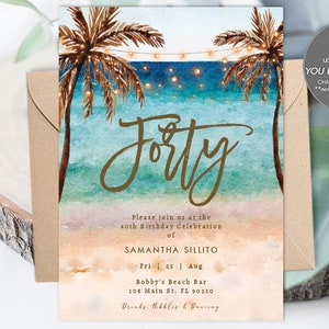 tropical beach 40th birthday printable, editable beach invitation, Fortieth birthday beach invitation template, 5x7, Templett, you edit