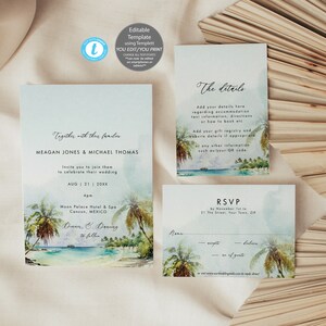 Editable beach wedding invitation set, beach palms wedding invitation template set, tropical wedding invitation set, you edit, Templett