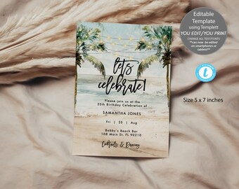 Celebrate birthday anniversary tropical beach palms invitation printable, editable beach invitation template, 5x7, Templett, you edit