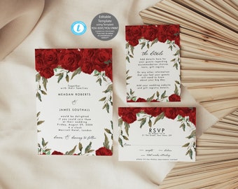 red roses wedding invitation editable template set, templett digital download